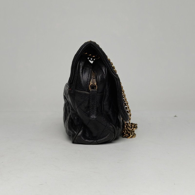 CHANEL 黑色荔枝牛皮16開金扣香奈兒cf中古魚子醬鏈條包機場包肩背包-3