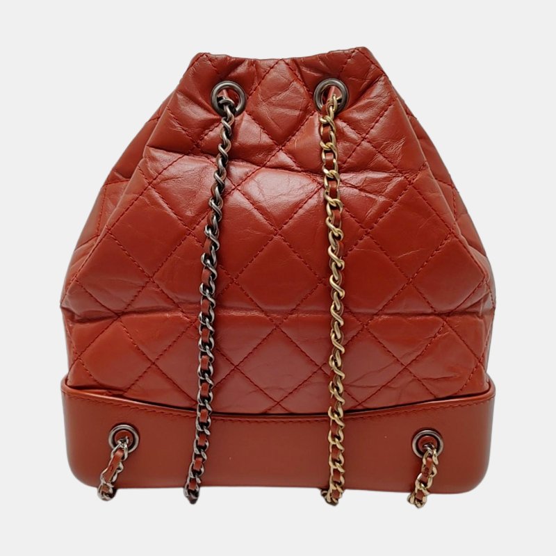 CHANEL GABRIELLE小號磚紅色牛皮萎格紋絎縫雙肩包 金色銀色釕色五金 26開 9.8新-4