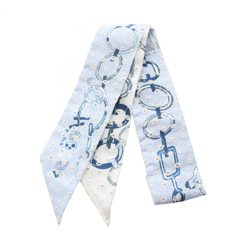愛馬仕 Twilly DO RE BOUCLES 刺繡絲巾，藍白相間，二手女款-0