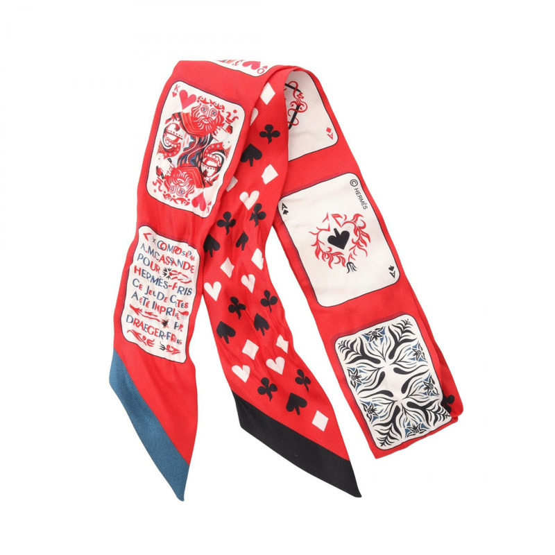 愛馬仕 Twilly Jeu de Cartes 絲巾，紅色多色真絲，二手女款-0