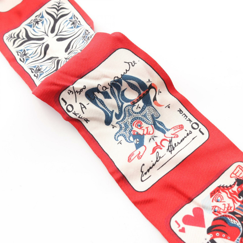 愛馬仕 Twilly Jeu de Cartes 絲巾，紅色多色真絲，二手女款-3