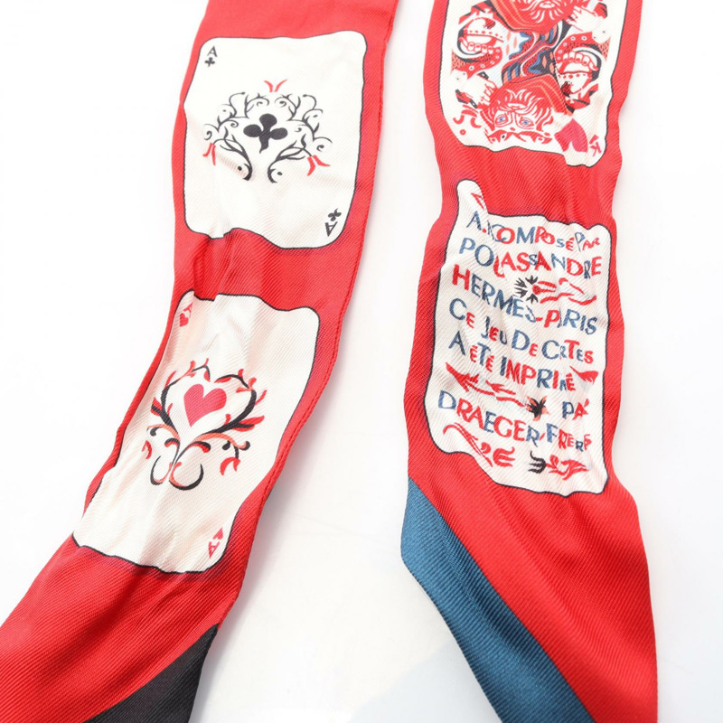 愛馬仕 Twilly Jeu de Cartes 絲巾，紅色多色真絲，二手女款-4