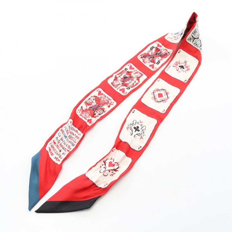 愛馬仕 Twilly Jeu de Cartes 絲巾，紅色多色真絲，二手女款-7