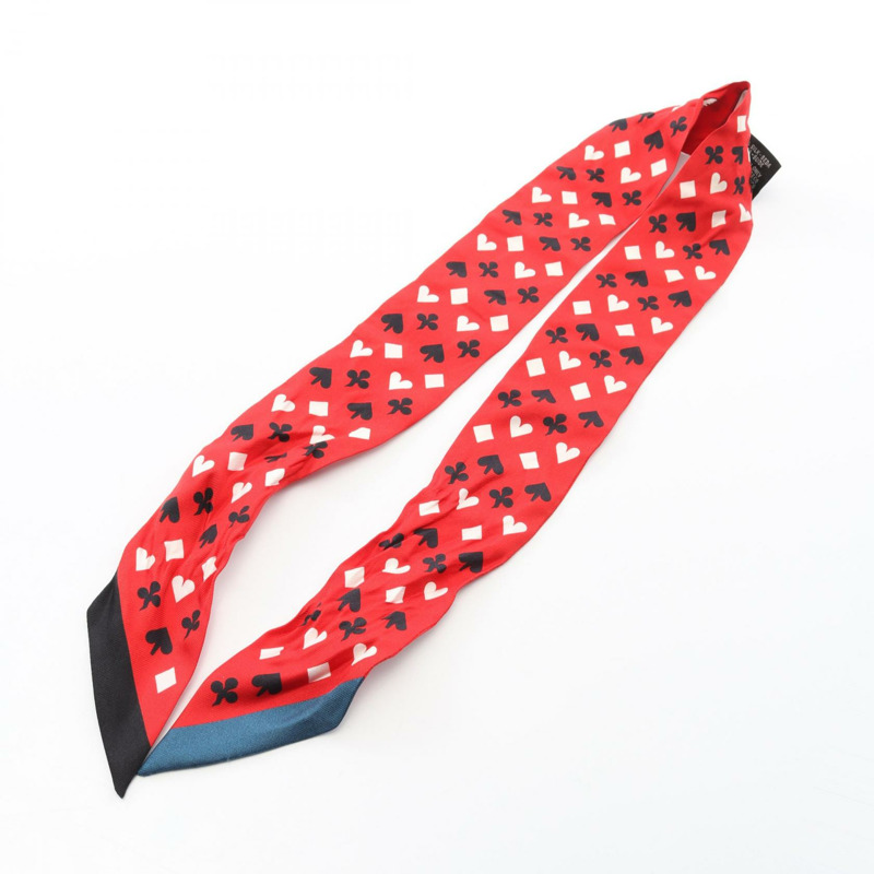 愛馬仕 Twilly Jeu de Cartes 絲巾，紅色多色真絲，二手女款-8