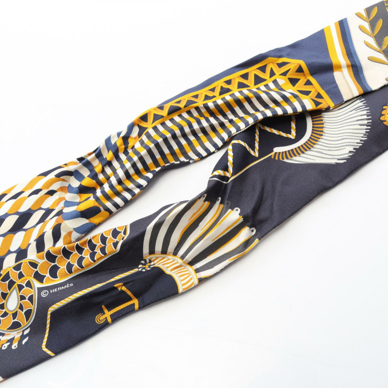 愛馬仕 Twilly 肩章絲巾,絲質材質,海軍藍/黃色/多色,二手女款-5