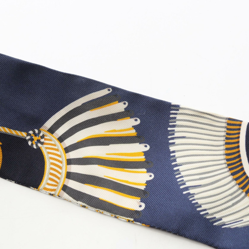 愛馬仕 Twilly 肩章絲巾,絲質材質,海軍藍/黃色/多色,二手女款-6