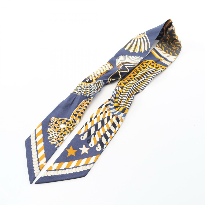 愛馬仕 Twilly 肩章絲巾,絲質材質,海軍藍/黃色/多色,二手女款-7