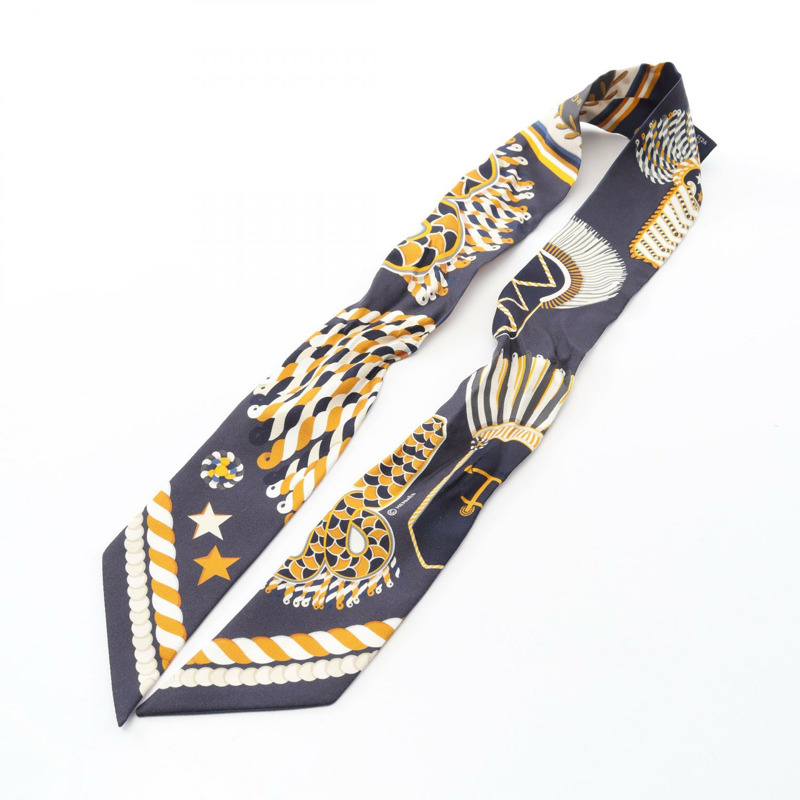 愛馬仕 Twilly 肩章絲巾,絲質材質,海軍藍/黃色/多色,二手女款-8