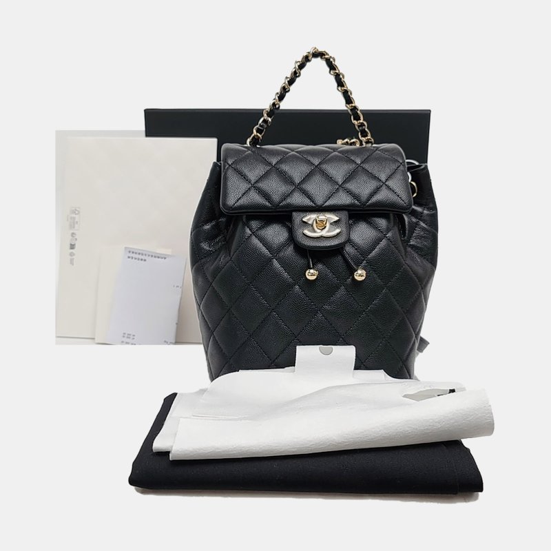 CHANEL URBAN SPIRIT 黑色荔枝紋牛皮菱格紋絎縫雙肩包手提包 金色五金 配件齊全 晶片款 9.9新-7