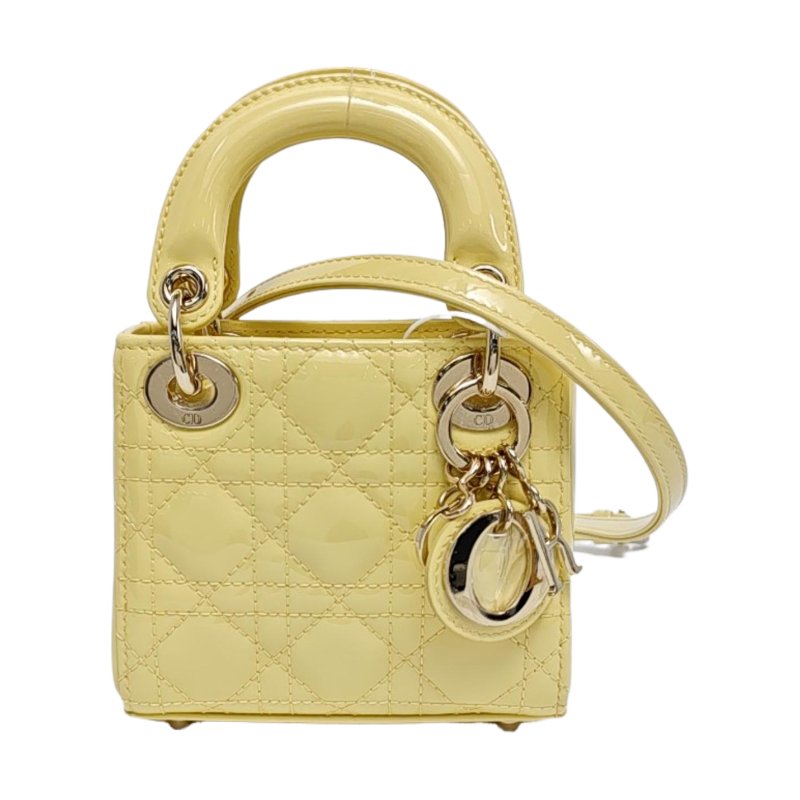 DIOR Lady Dior 超迷你淺黃色羊漆皮藤格紋絎縫戴妃三格單肩包手提包斜挎包 金色五金 可拆卸肩帶 9.9新-0