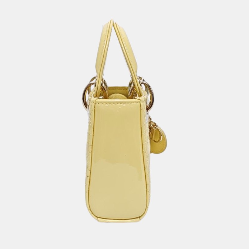 DIOR Lady Dior 超迷你淺黃色羊漆皮藤格紋絎縫戴妃三格單肩包手提包斜挎包 金色五金 可拆卸肩帶 9.9新-3