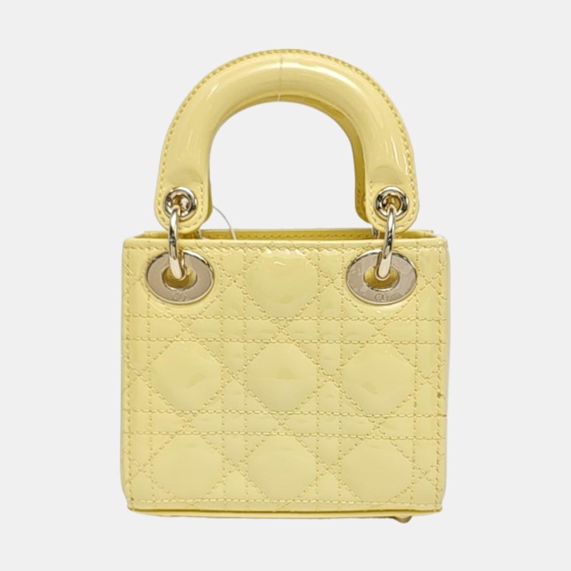 DIOR Lady Dior 超迷你淺黃色羊漆皮藤格紋絎縫戴妃三格單肩包手提包斜挎包 金色五金 可拆卸肩帶 9.9新-4