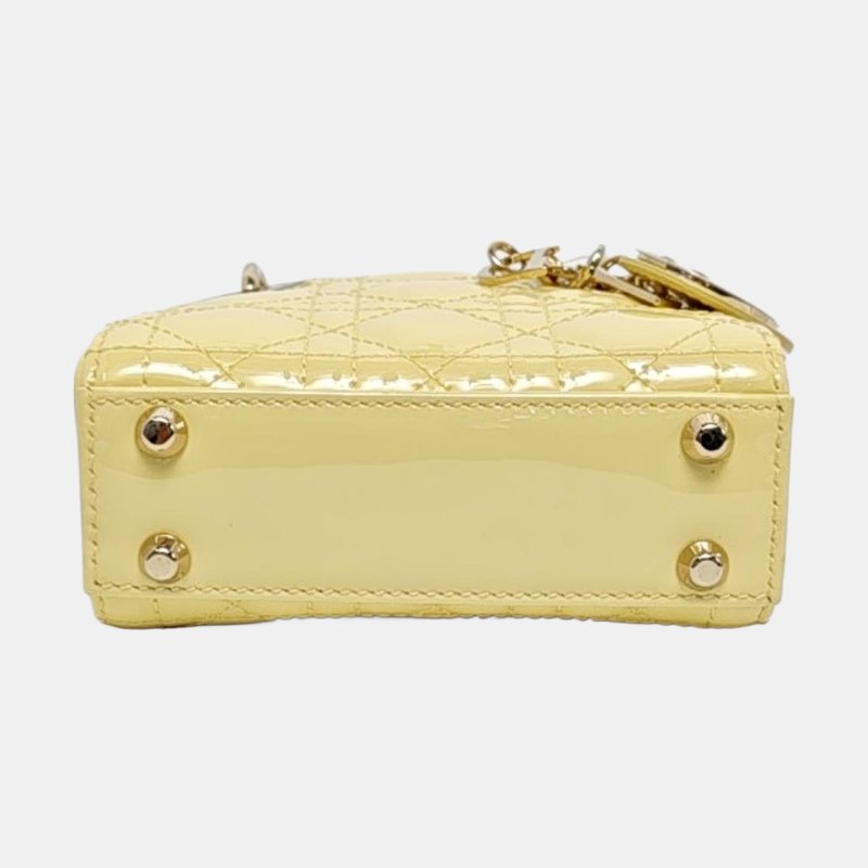 DIOR Lady Dior 超迷你淺黃色羊漆皮藤格紋絎縫戴妃三格單肩包手提包斜挎包 金色五金 可拆卸肩帶 9.9新-5