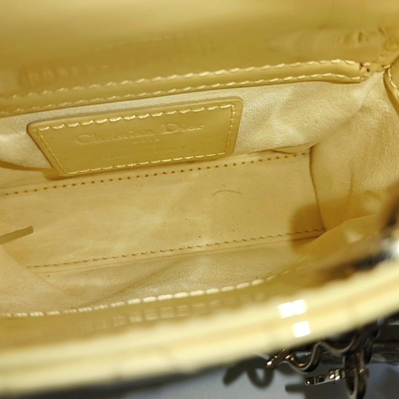 DIOR Lady Dior 超迷你淺黃色羊漆皮藤格紋絎縫戴妃三格單肩包手提包斜挎包 金色五金 可拆卸肩帶 9.9新-6
