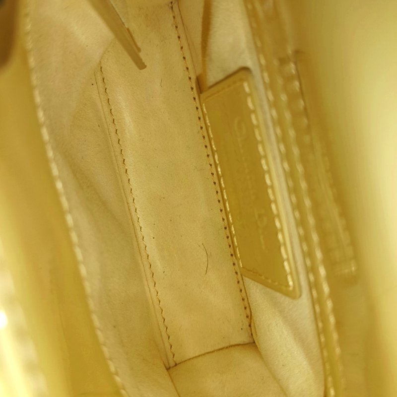 DIOR Lady Dior 超迷你淺黃色羊漆皮藤格紋絎縫戴妃三格單肩包手提包斜挎包 金色五金 可拆卸肩帶 9.9新-7