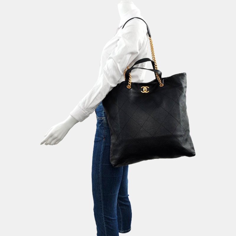 CHANEL 托特包 黑色牛皮菱格紋絎縫單肩包手提包 金色五金 9.9新 晶片款-1