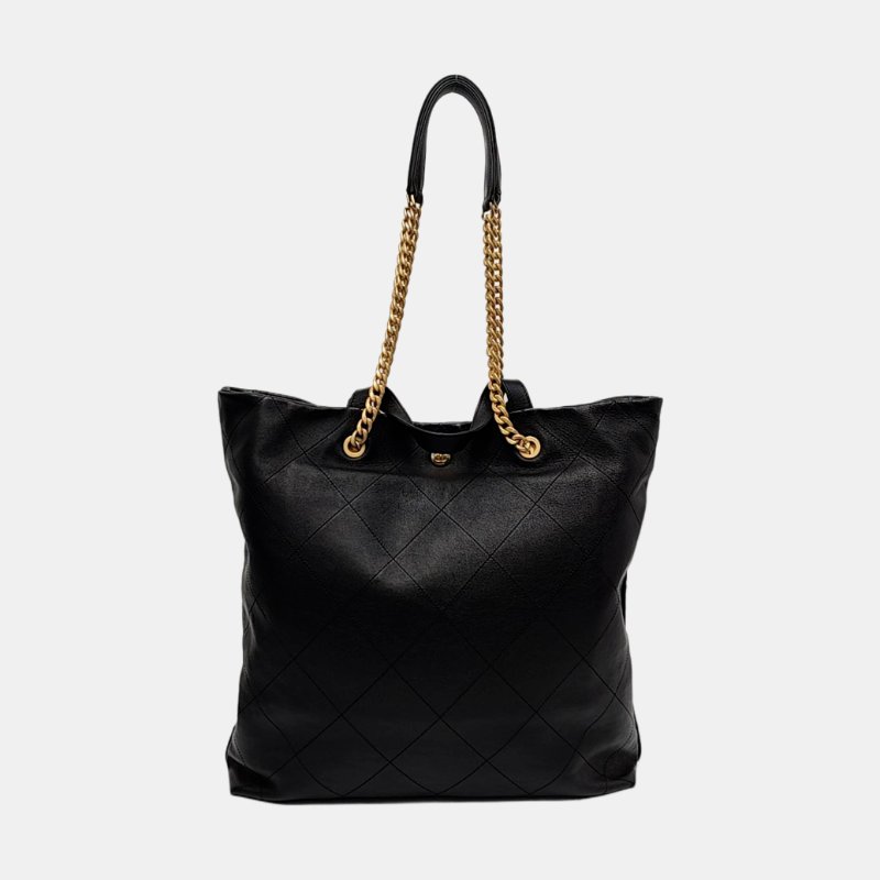 CHANEL 托特包 黑色牛皮菱格紋絎縫單肩包手提包 金色五金 9.9新 晶片款-4