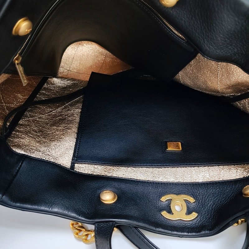 CHANEL 托特包 黑色牛皮菱格紋絎縫單肩包手提包 金色五金 9.9新 晶片款-6