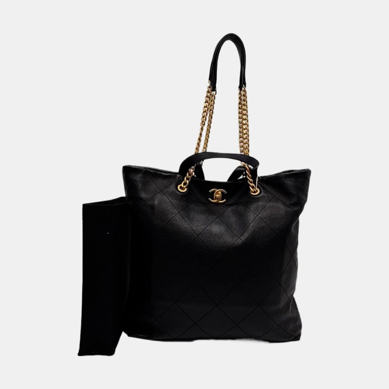 CHANEL 托特包 黑色牛皮菱格紋絎縫單肩包手提包 金色五金 9.9新 晶片款-7
