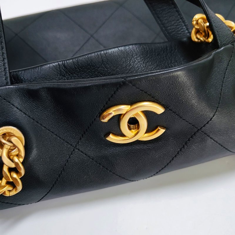 CHANEL 托特包 黑色牛皮菱格紋絎縫單肩包手提包 金色五金 9.9新 晶片款-8