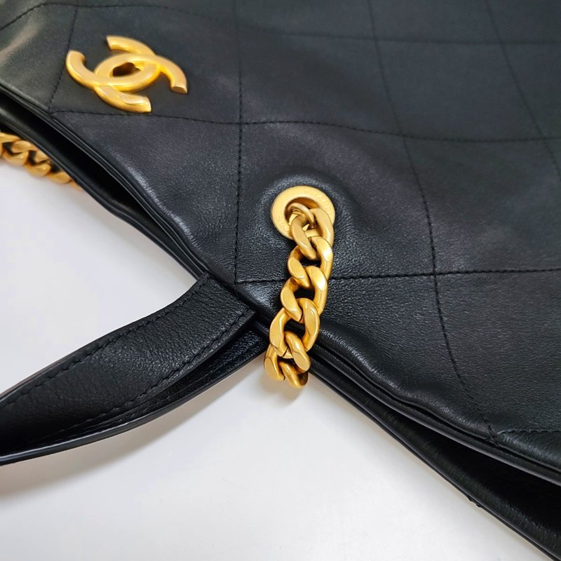 CHANEL 托特包 黑色牛皮菱格紋絎縫單肩包手提包 金色五金 9.9新 晶片款-10