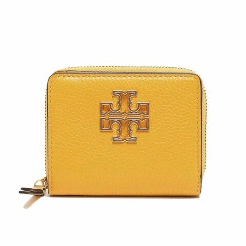【TORY BURCH】雙T-LOGO素面拉鍊短夾-黃色
