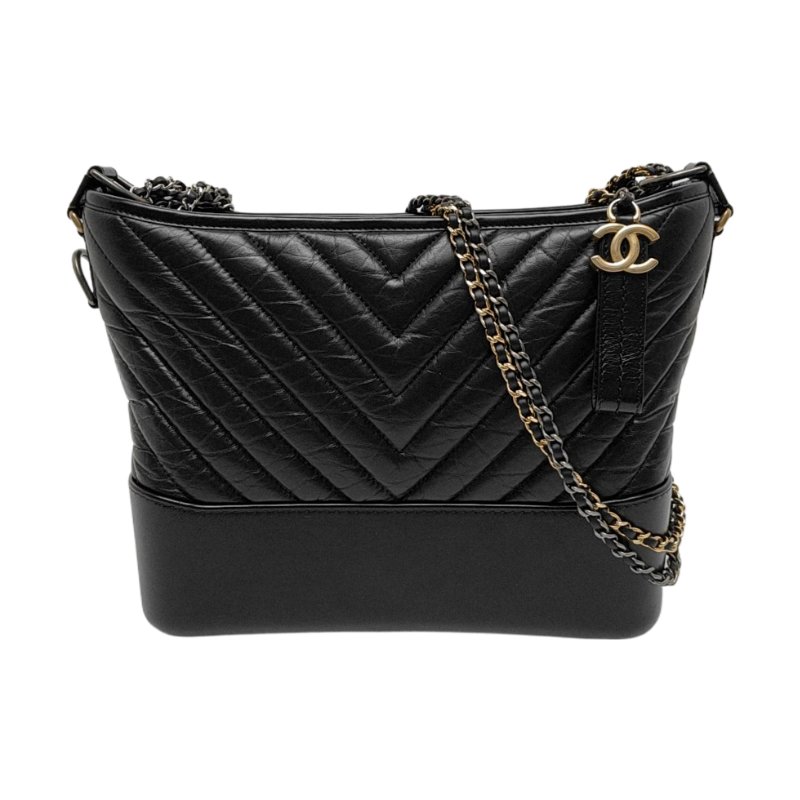 CHANEL GABRIELLE 中號 黑色牛皮絎縫V紋流浪包斜挎包單肩包 金色銀色釕色五金 29開-0