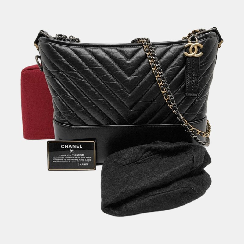 CHANEL GABRIELLE 中號 黑色牛皮絎縫V紋流浪包斜挎包單肩包 金色銀色釕色五金 29開-7