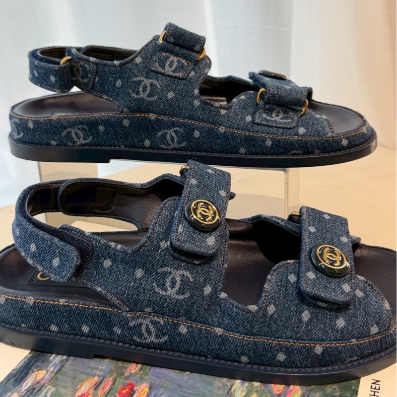 CHANEL 23C牛仔布魔術貼沙灘涼鞋 39.5號-4