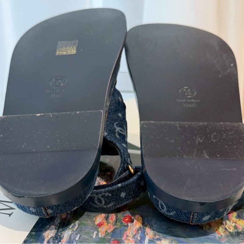 CHANEL 23C牛仔布魔術貼沙灘涼鞋 39.5號-14