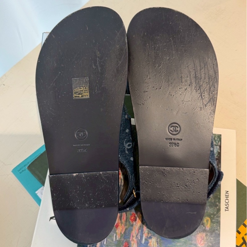 CHANEL 23C牛仔布魔術貼沙灘涼鞋 39.5號-15