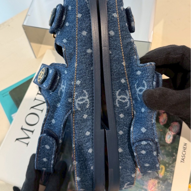 CHANEL 23C牛仔布魔術貼沙灘涼鞋 39.5號-16