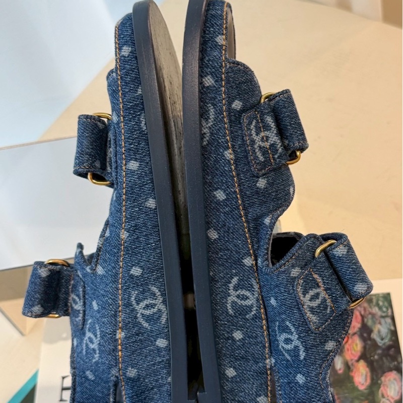 CHANEL 23C牛仔布魔術貼沙灘涼鞋 39.5號-17