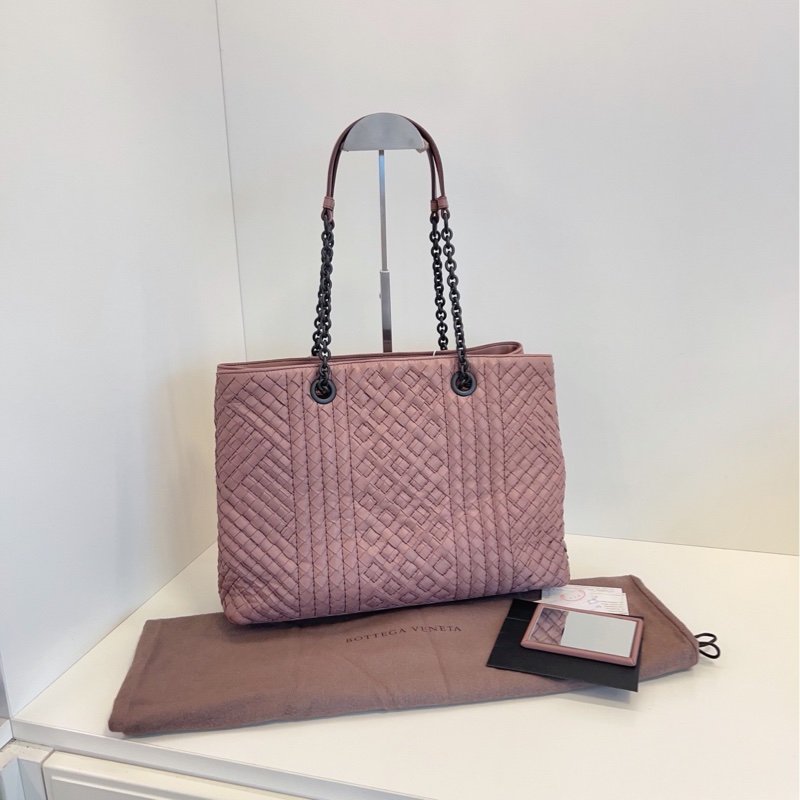 【99新🆕】BV 葆蝶家 藕粉色編織全皮鏈條tote 手提包托特包-0