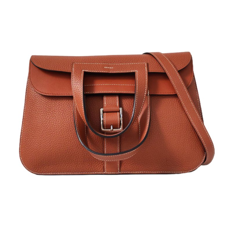 HERMÈS Halzan 31 黃褐色Clemence 牛皮馬蹄包單肩包 銀色五金A刻 可拆卸肩帶 9.9新-0