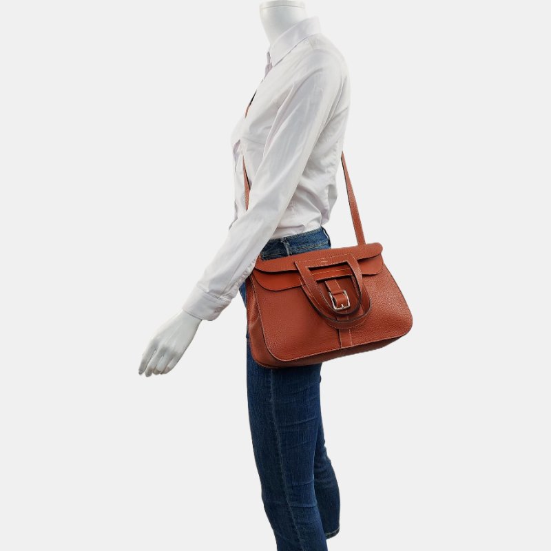 HERMÈS Halzan 31 黃褐色Clemence 牛皮馬蹄包單肩包 銀色五金A刻 可拆卸肩帶 9.9新-1