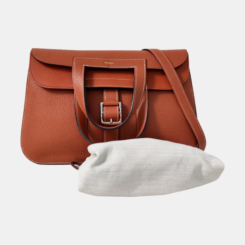 HERMÈS Halzan 31 黃褐色Clemence 牛皮馬蹄包單肩包 銀色五金A刻 可拆卸肩帶 9.9新-7