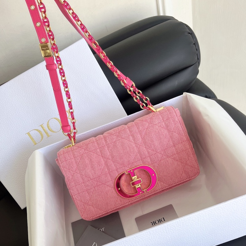 【全新品】限量款Dior迪奧Caro粉色單寧蒙田牛仔 CD琺瑯扣藤格紋斜挎包-0
