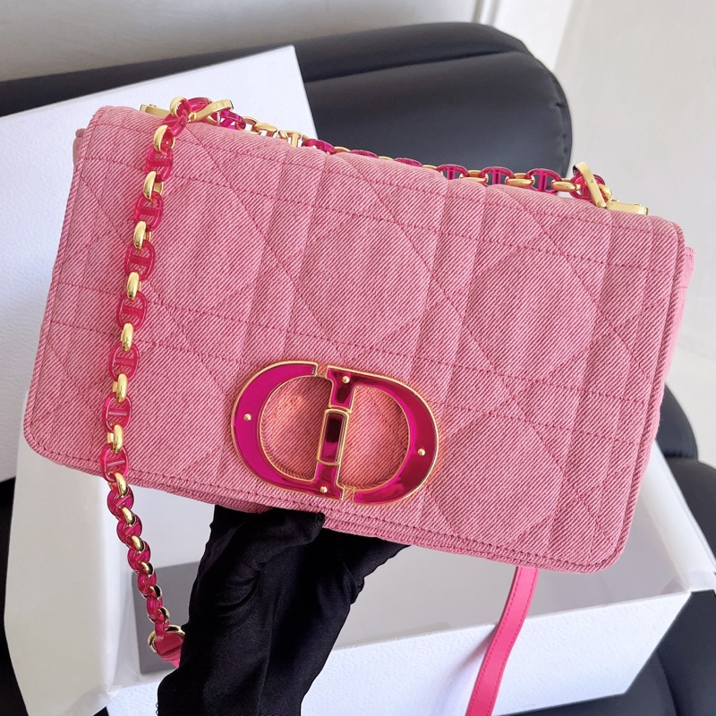 【全新品】限量款Dior迪奧Caro粉色單寧蒙田牛仔 CD琺瑯扣藤格紋斜挎包-5