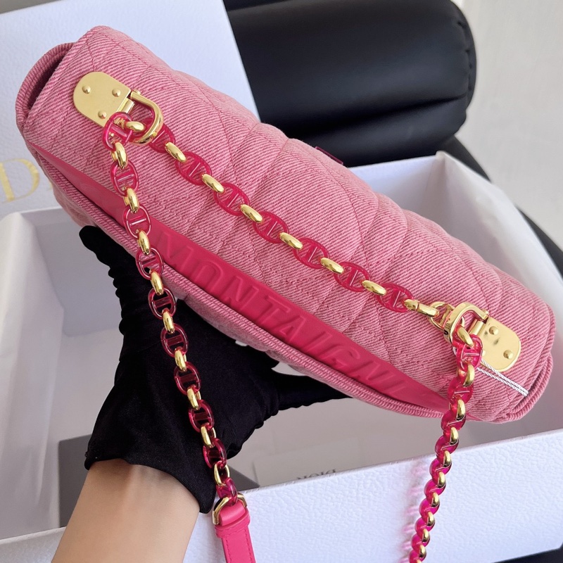 【全新品】限量款Dior迪奧Caro粉色單寧蒙田牛仔 CD琺瑯扣藤格紋斜挎包-7