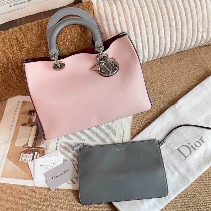 【近新閒置品】Dior 迪奧 櫻花粉錫器灰雙拼色牛皮VIP托特手提包-0