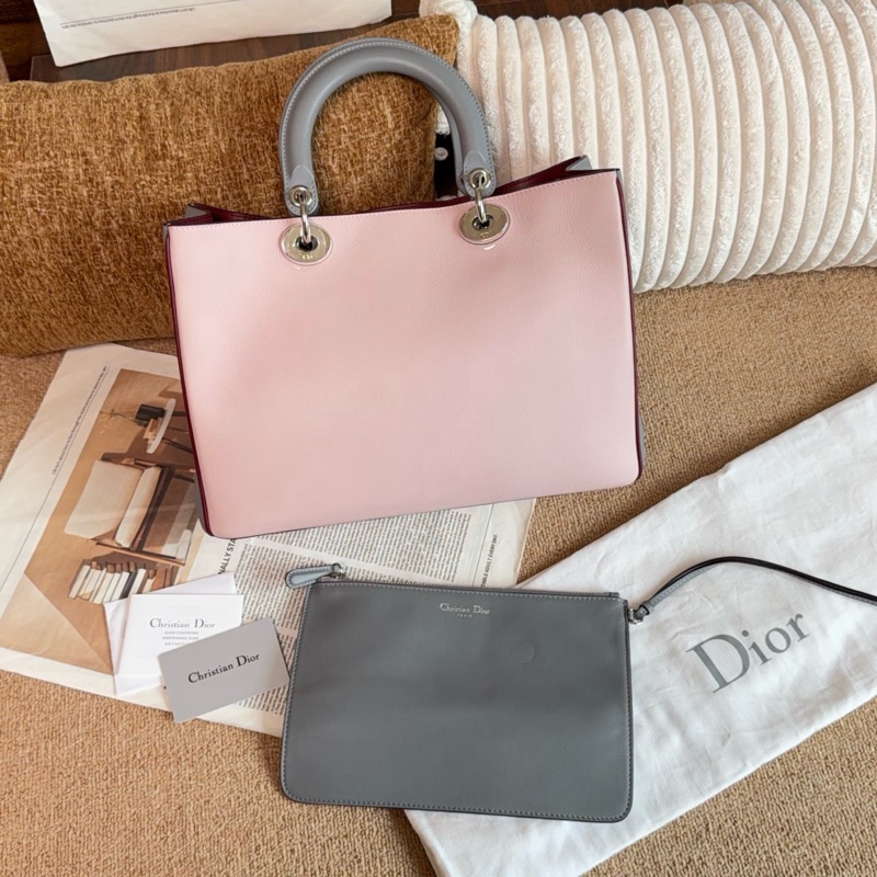 【近新閒置品】Dior 迪奧 櫻花粉錫器灰雙拼色牛皮VIP托特手提包-1