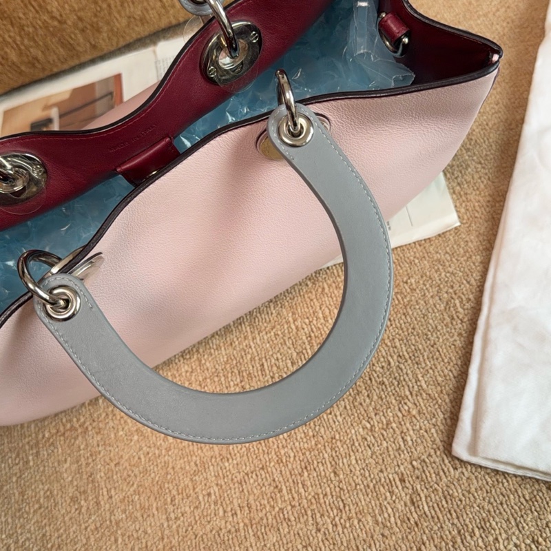 【近新閒置品】Dior 迪奧 櫻花粉錫器灰雙拼色牛皮VIP托特手提包-14