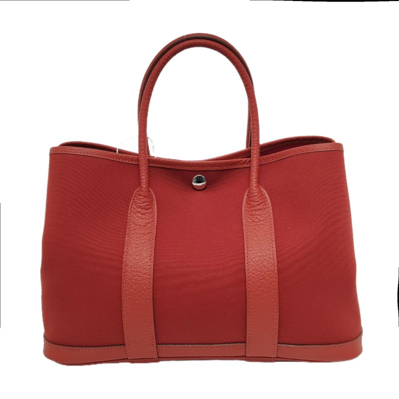 HERMÈS Garden Party 30硃砂紅帆布花園包手提包 銀色五金 Z刻 配件齊全 9.9新-0