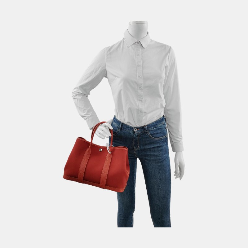 HERMÈS Garden Party 30硃砂紅帆布花園包手提包 銀色五金 Z刻 配件齊全 9.9新-1