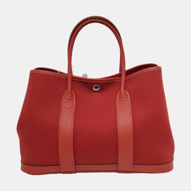 HERMÈS Garden Party 30硃砂紅帆布花園包手提包 銀色五金 Z刻 配件齊全 9.9新-4