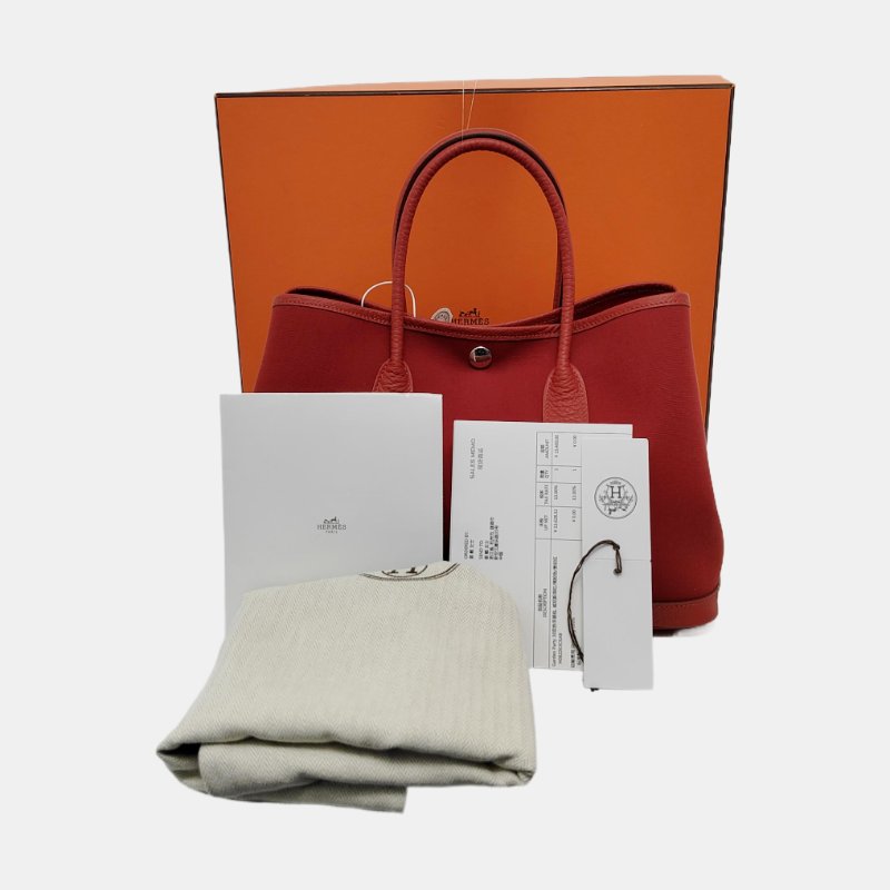 HERMÈS Garden Party 30硃砂紅帆布花園包手提包 銀色五金 Z刻 配件齊全 9.9新-7