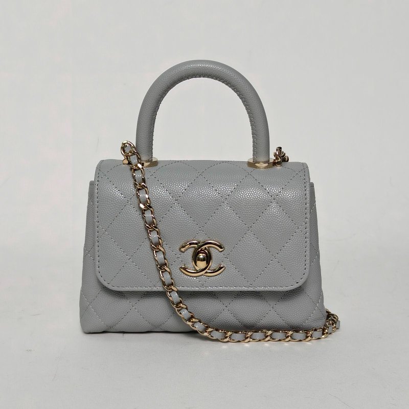 CHANEL CocoHandle15.5灰色荔枝牛皮鐳射標金扣肩背包-0