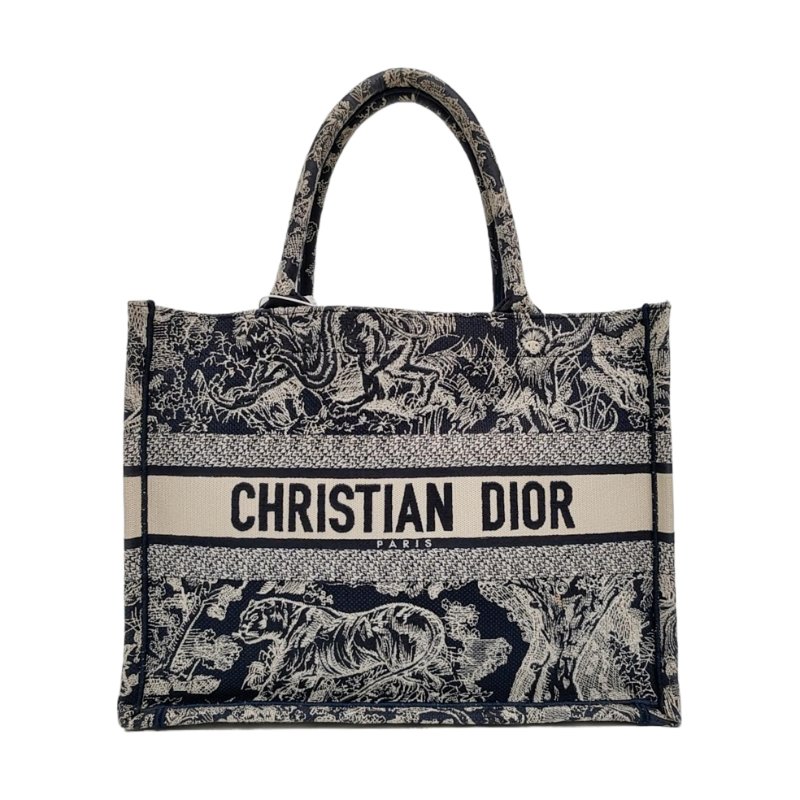 DIOR Book Tote 中號深藍色帆布刺繡提花手提包單肩包 9.8新-0