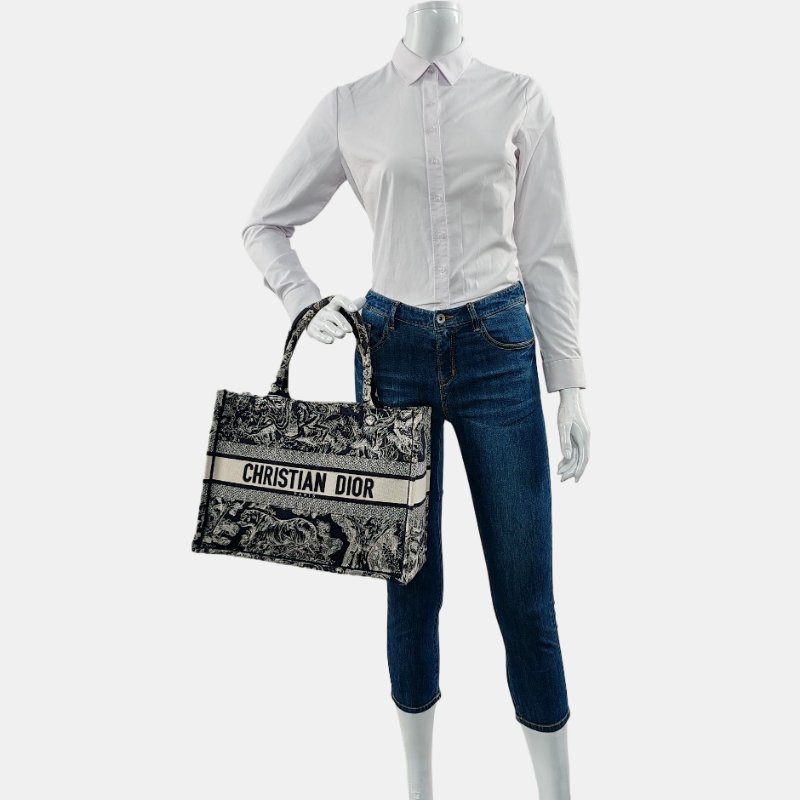 DIOR Book Tote 中號深藍色帆布刺繡提花手提包單肩包 9.8新-1